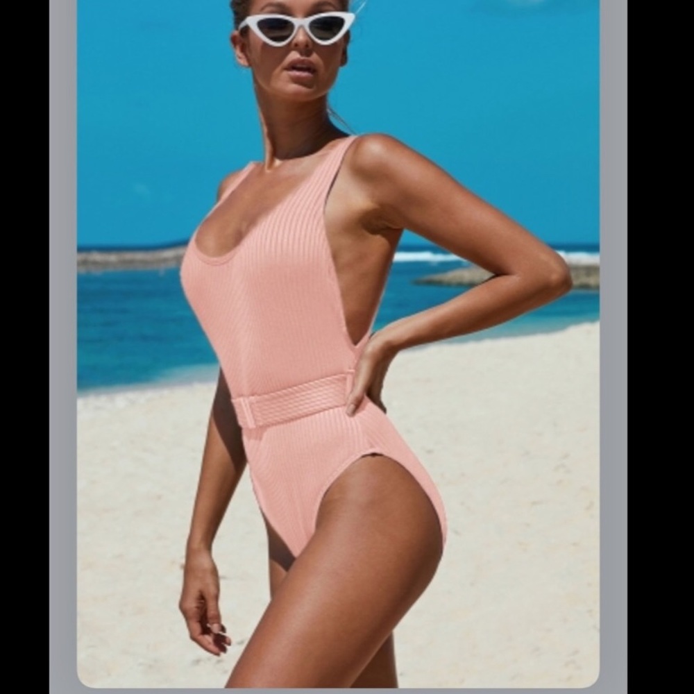 Pink Ribbed One-piece Swimsuit with Belt